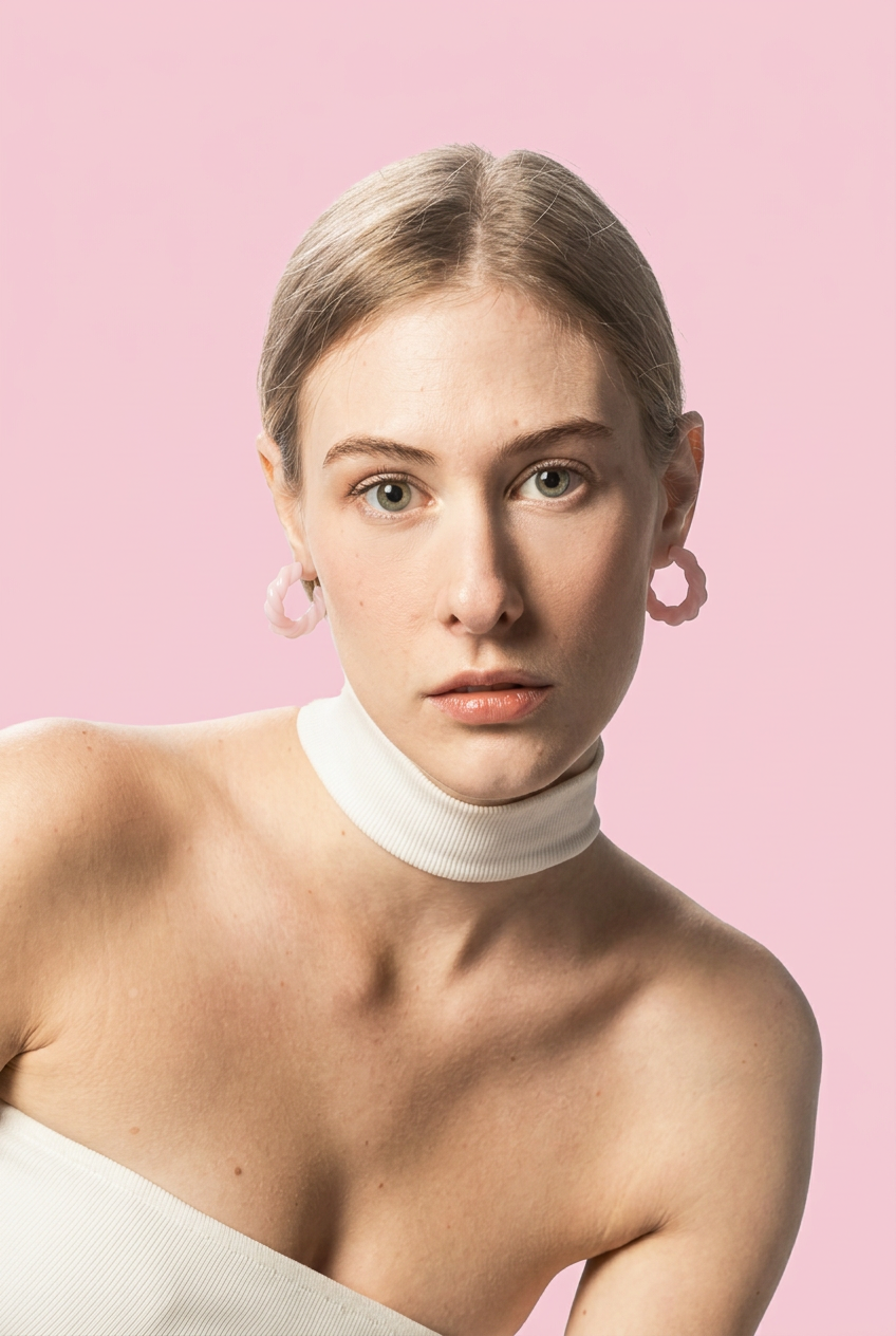 Primo piano della modella con orecchini rosa e sfondo rosa